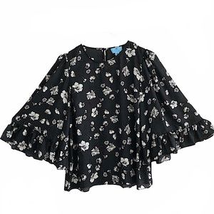 CeCe Black & White Sheer Floral Bell Ruffle Sleeve Top Size S